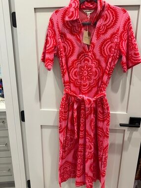 Boden Pink and Red Floral Medallion Tie-Waist Dress- Beach cover dress -
